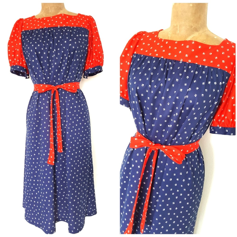 Vintage 80s Puff Sleeve Day Dress Size Large Belted Secretary